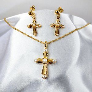 Vintage Signed Avon Cross Pendant Necklace Earrings Set